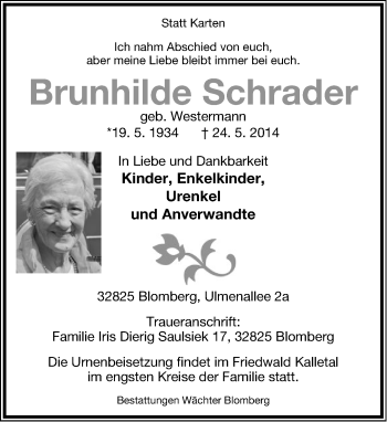 Anzeige  Brunhilde Schrader  Lippische Landes-Zeitung