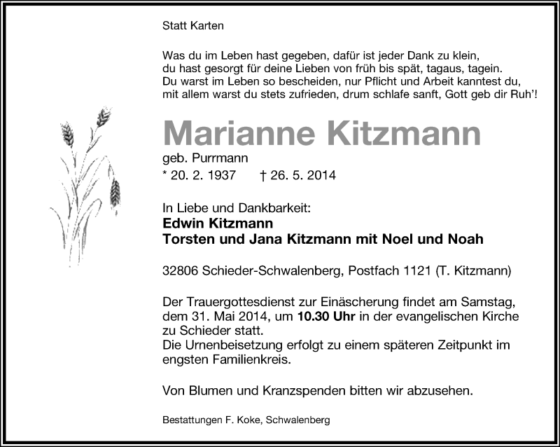  Traueranzeige für Marianne Kitzmann vom 28.05.2014 aus Lippische Landes-Zeitung