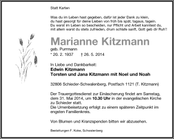 Anzeige  Marianne Kitzmann  Lippische Landes-Zeitung