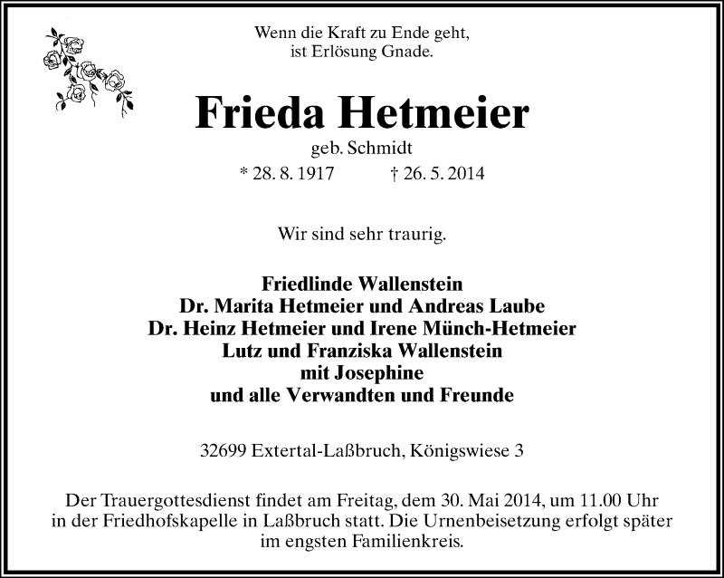  Traueranzeige für Frieda Hetmeier vom 28.05.2014 aus Lippische Landes-Zeitung