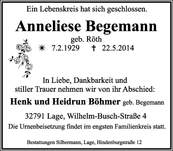 Anzeige  Anneliese Begemann  Lippische Landes-Zeitung
