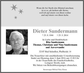 Anzeige  Dieter Sundermann  Lippische Landes-Zeitung