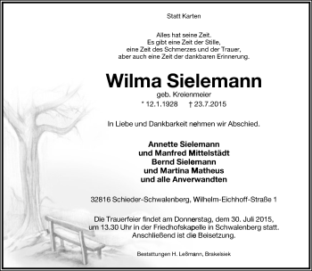 Anzeige  Wilma Sielemann  Lippische Landes-Zeitung