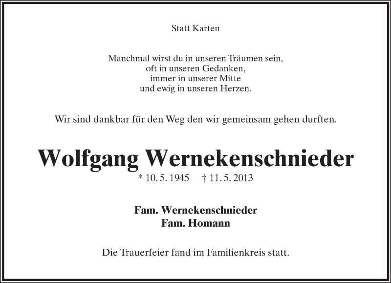  Traueranzeige für Wolfgang Wernekenschnieder vom 25.05.2013 aus Lippische Landes-Zeitung