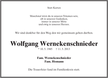 Anzeige  Wolfgang Wernekenschnieder  Lippische Landes-Zeitung