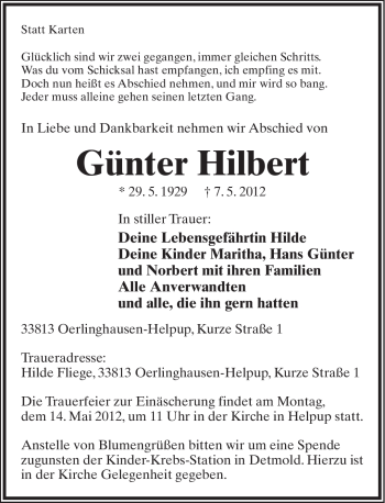 Anzeige  Günter Hilbert  Lippische Landes-Zeitung