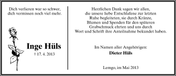 Anzeige  Inge Hüls  Lippische Landes-Zeitung