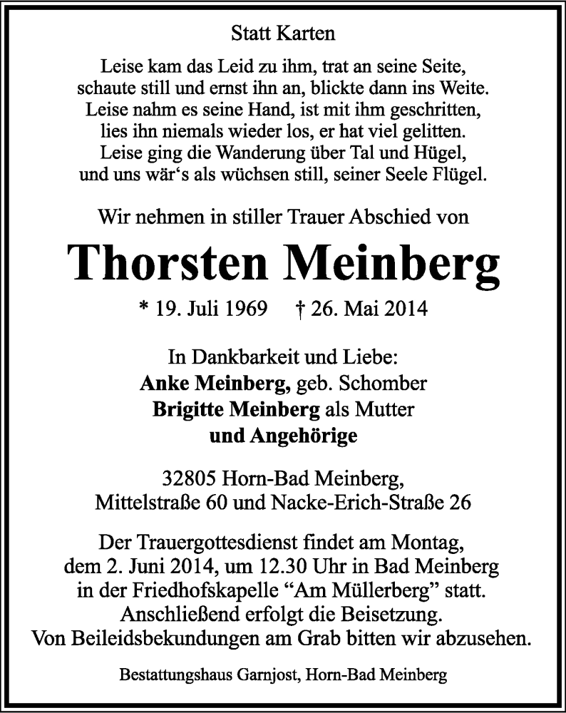  Traueranzeige für Thorsten Meinberg vom 29.05.2014 aus Lippische Landes-Zeitung