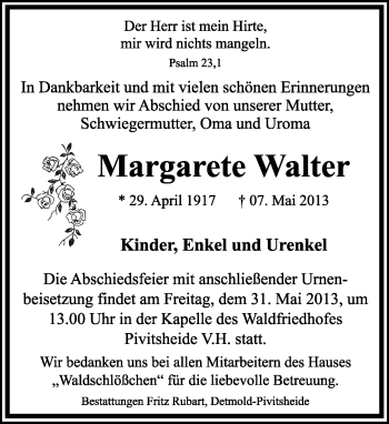 Anzeige  Margarete Walter  Lippische Landes-Zeitung