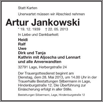 Anzeige  Artur Jankowski  Lippische Landes-Zeitung