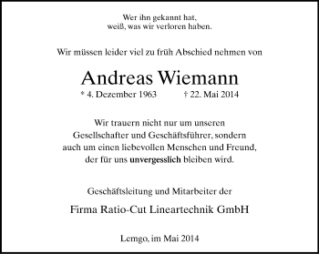 Anzeige  Andreas Wiemann  Lippische Landes-Zeitung