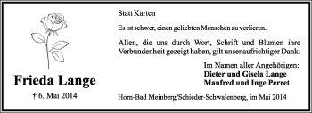 Anzeige  Frieda Lange  Lippische Landes-Zeitung