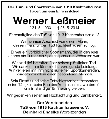 Anzeige  Werner Leßmeier  Lippische Landes-Zeitung