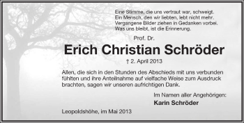 Anzeige  Erich Christian Schröder  Lippische Landes-Zeitung