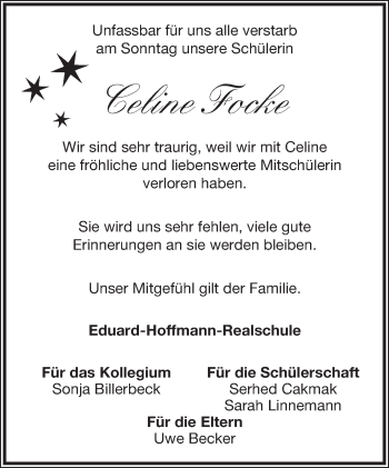 Anzeige  Celine Focke  Lippische Landes-Zeitung