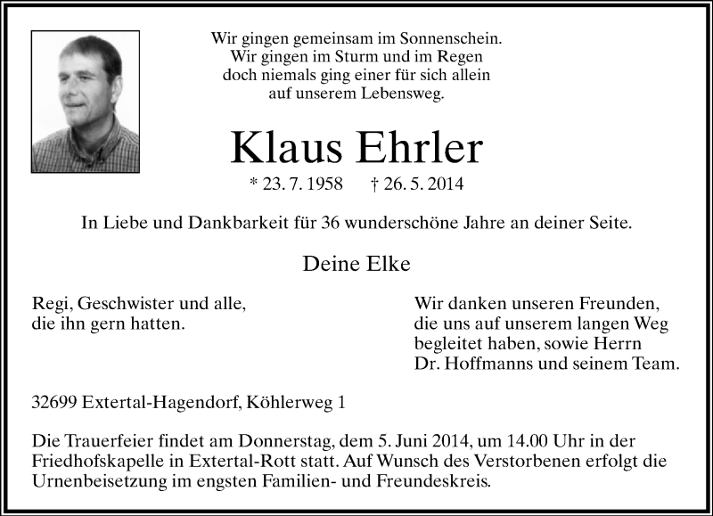  Traueranzeige für Klaus Ehrler vom 31.05.2014 aus Lippische Landes-Zeitung
