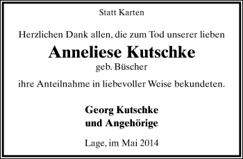 Anzeige  Anneliese Kutschke  Lippische Landes-Zeitung