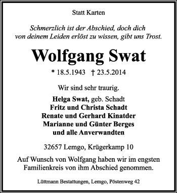 Anzeige  Wolfgang Swat  Lippische Landes-Zeitung