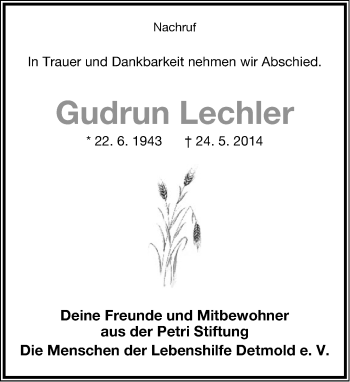 Anzeige  Gudrun Lechler  Lippische Landes-Zeitung