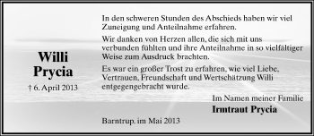 Anzeige  Willi Prycia  Lippische Landes-Zeitung