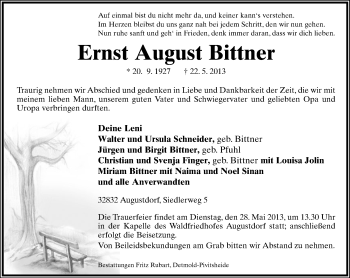 Anzeige  Ernst August Bittner  Lippische Landes-Zeitung