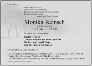 Anzeige  Monika Reinsch  Lippische Landes-Zeitung