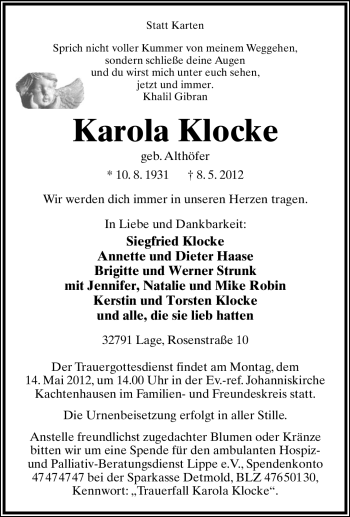 Anzeige  Karola Klocke  Lippische Landes-Zeitung