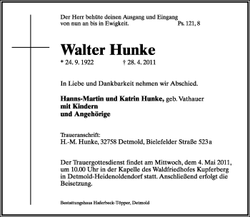 Anzeige  Walter Hunke  Lippische Landes-Zeitung