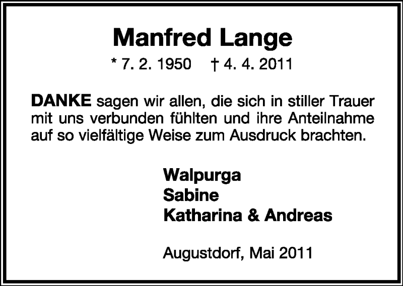  Traueranzeige für Manfred Lange vom 03.05.2011 aus Lippische Landes-Zeitung