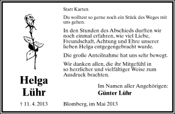 Anzeige  Helga Lühr  Lippische Landes-Zeitung