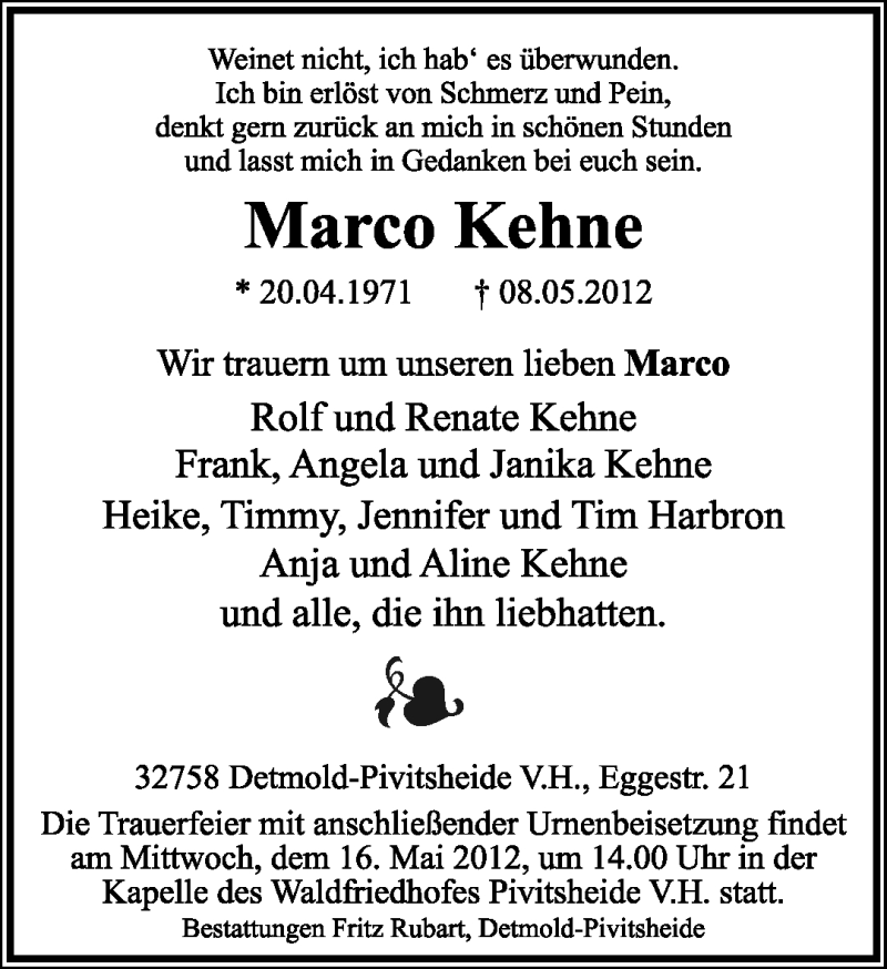  Traueranzeige für Marco Kehne vom 12.05.2012 aus Lippische Landes-Zeitung