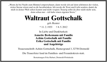 Anzeige  Waltraut Gottschalk  Lippische Landes-Zeitung