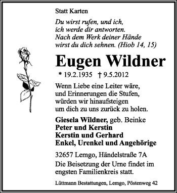 Anzeige  Eugen Wildner  Lippische Landes-Zeitung