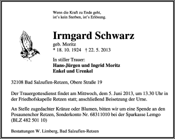 Anzeige  Irmgard Schwarz  Lippische Landes-Zeitung