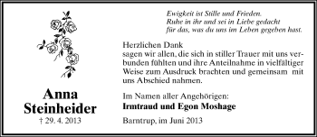 Anzeige  Anna Steinheider  Lippische Landes-Zeitung
