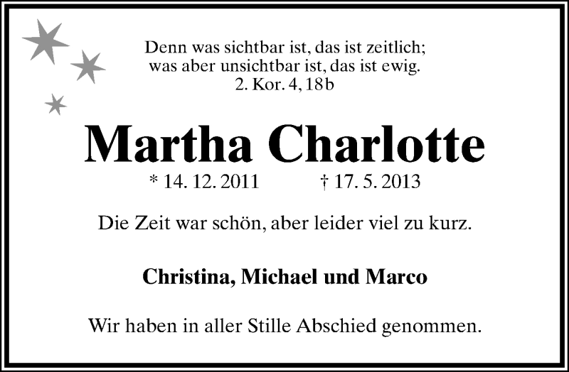  Traueranzeige für Martha Charlotte vom 25.05.2013 aus Lippische Landes-Zeitung