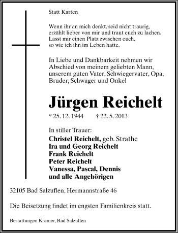 Anzeige  Jürgen Reichelt  Lippische Landes-Zeitung