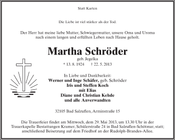 Anzeige  Martha Schröder  Lippische Landes-Zeitung