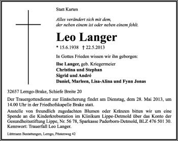 Anzeige  Leo Langer  Lippische Landes-Zeitung