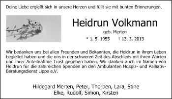 Anzeige  Heidrun Volkmann  Lippische Landes-Zeitung