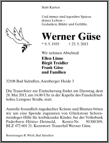 Anzeige  Werner Güse  Lippische Landes-Zeitung