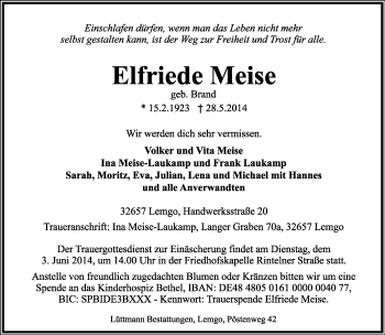 Anzeige  Elfriede Meise  Lippische Landes-Zeitung
