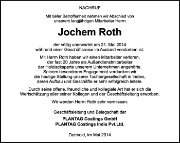 Anzeige  Jochhen Roth  Lippische Landes-Zeitung