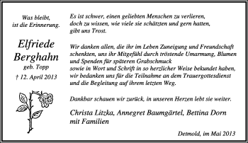Anzeige  Elfriede Berghahn  Lippische Landes-Zeitung