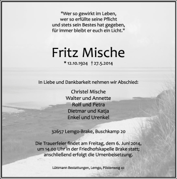 Anzeige  Fritz Mische  Lippische Landes-Zeitung