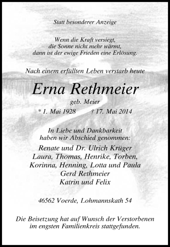 Anzeige  Erna Rethmeier  Lippische Landes-Zeitung
