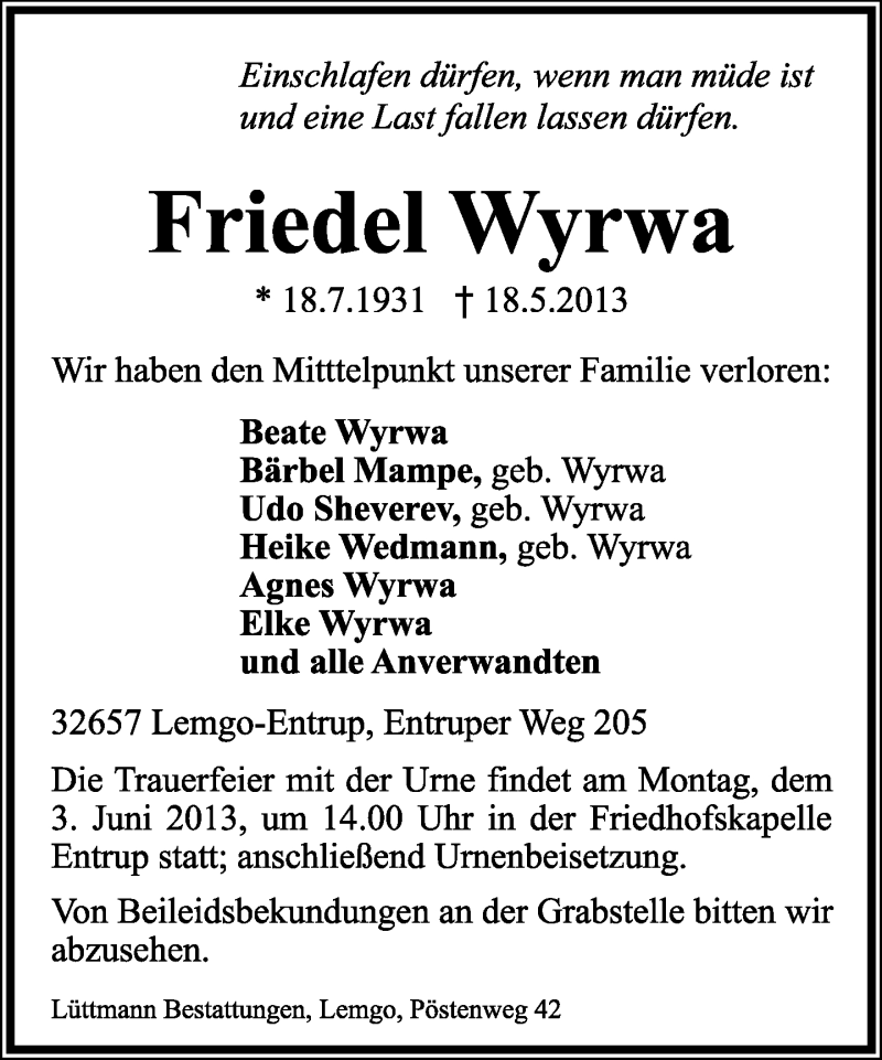 Traueranzeige für Friedrich Wyrwa vom 25.05.2013 aus Lippische Landes-Zeitung