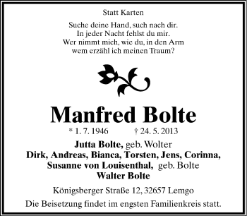 Anzeige  Manfred Bolte  Lippische Landes-Zeitung
