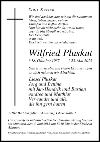 Anzeige  Wilfried Pluskat  Lippische Landes-Zeitung