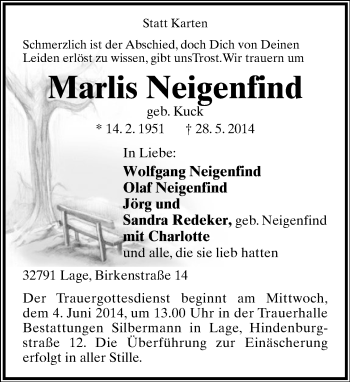 Anzeige  Marlis Neigenfind  Lippische Landes-Zeitung